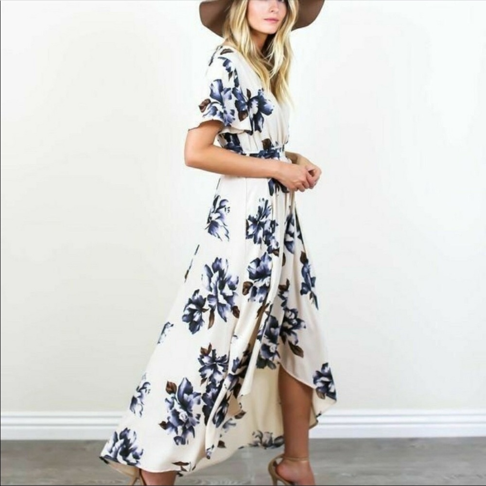 Tua Floral Faux Wrap High Low Maxi dress